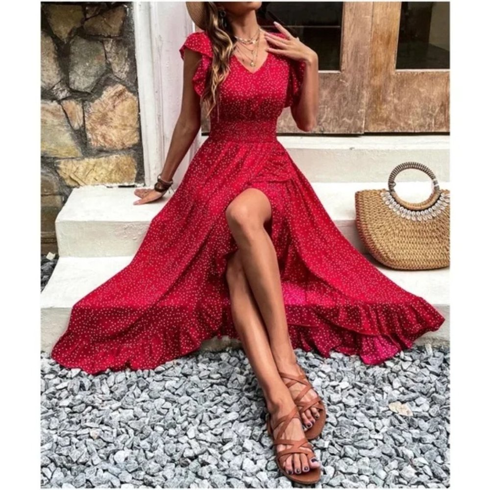 Red  Boho Polka Dot butterfly Sleeve Maxi Dress - Picture 4 of 5